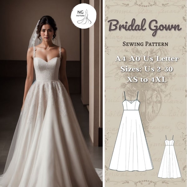 Bridal Gown Sewing Pattern, Cocktail Dress Pattern, Maxi Circle Dress, Evening Gown, Ball Gown, Wedding Dress Sewing Pattern, A4 A0 XS-4XL