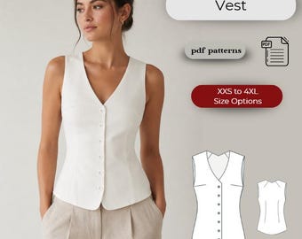 Minimalist Button Down Vest Sewing Pattern (PDF), Tailored Sleeveless Vest, Sizes XXS-4XL