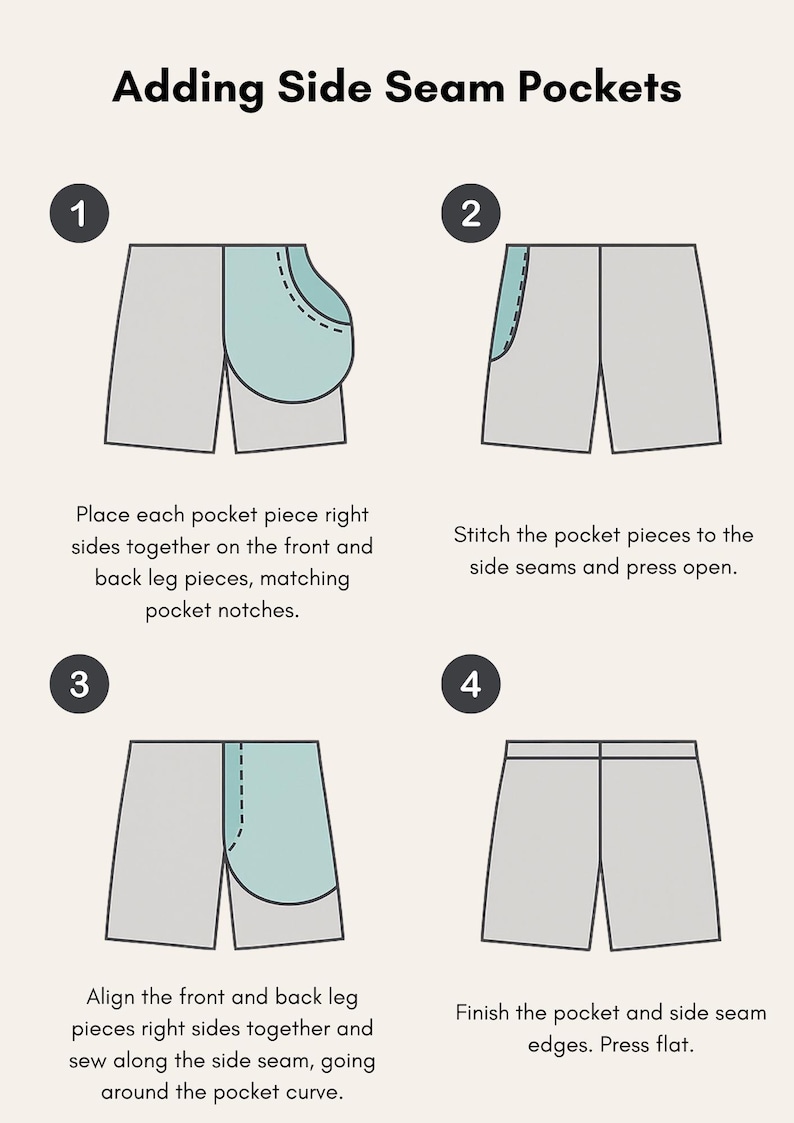 May include: A four-step illustrated guide on how to add side seam pockets to shorts. The illustrations show the placement of the pocket pieces, stitching them to the side seams, aligning the front and back leg pieces, and finishing the pocket and side seam edges.