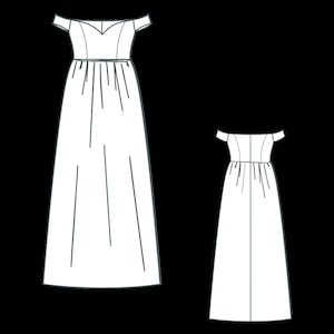 May include: A white off-the-shoulder maxi dress with a sweetheart neckline and a fitted bodice. The dress has a flowing skirt with pleats and a back zipper closure.