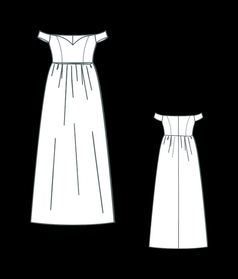 May include: A white off-the-shoulder maxi dress with a sweetheart neckline and a fitted bodice. The dress has a flowing skirt with pleats and a back zipper closure.