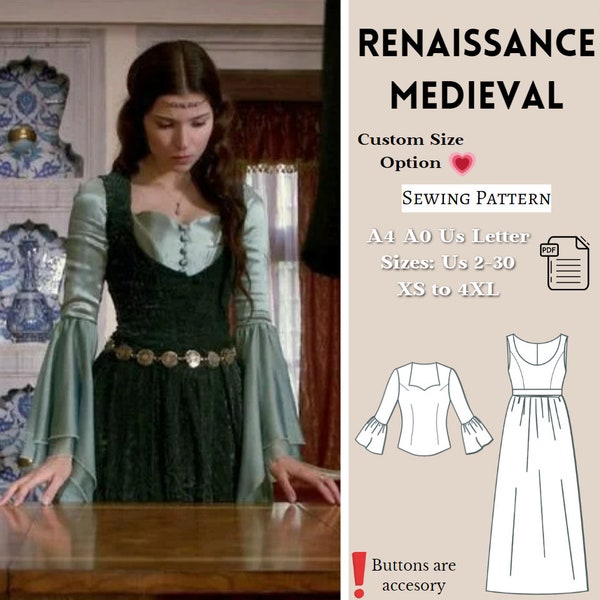 Renaissance Medieval Dress Sewing Pattern, Maxi Dress, Regency Dress, Ball Gown, Prom Dress, Victorian Dress, Fantasy Dress, A4 A0, XS-4XL