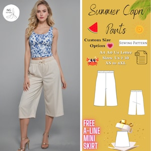 Women's Summer Capri Pants Sewing Pattern, Wide Leg Capri Pants, Loose fit Pants, Sweatpants, Pants Pattern, Elastic waist pants, XS-4XL