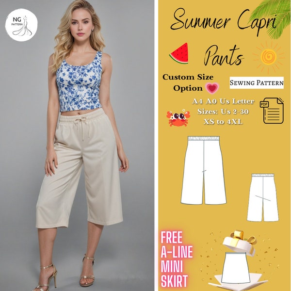 Women's Summer Capri Pants Sewing Pattern, Wide Leg Capri Pants, Loose fit Pants, Sweatpants, Pants Pattern, Elastic waist pants, XS-4XL