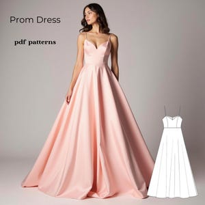 Könnte beinhalten: Ein rosafarbenes Satin-Abschlusskleid mit einem herzförmigen Ausschnitt und Spaghettiträgern. Das Kleid hat einen vollen Rock und ein tailliertes Oberteil. Das Kleid wird auf einem Model mit weißem Hintergrund gezeigt. Das Bild enthält auch eine Strichzeichnung des Kleides.