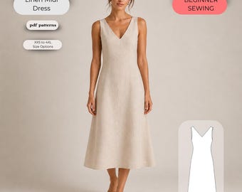 Patrón de costura para vestido midi de lino / Corte en A, escote en V, sin mangas (patrón digital en PDF)