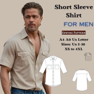 Może przedstawiać: Wzór szycia na koszulę z krótkim rękawem. Wzór dostępny jest w rozmiarach US 2-30, XS do 4XL. Wzór dostępny jest w formatach A4, A0 i US Letter. Wzór jest plikiem PDF do pobrania.