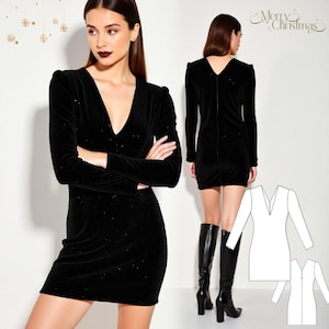 Peut inclure: Une robe noire en velours avec un décolleté en V et des manches longues. La robe est ornée de petites paillettes. Un patron de robe blanche est présenté à côté du mannequin.