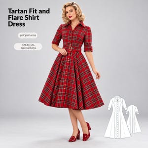 Może przedstawiać: Czerwono-zielono-czarna sukienka koszulowa w kratę typu tartan o rozkloszowanym kroju, z kołnierzykiem, zapięciem na guziki i pasującym paskiem. Tekst: Tartan Fit and Flare Shirt Dress, pdf patterns, XXS to 4XL Size Options. Zawiera rysunek.