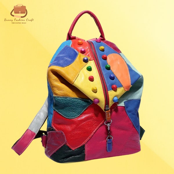 Rainbow Riveted Genuine Leather Backpack: Stylish & Colorful Women's Travel Bag