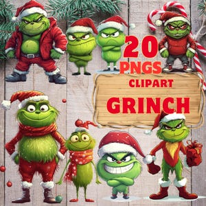 Grinch Clipart - Zestaw 20 Postaci, do Planerów i Dzienników, na Kartki Świąteczne, Do Użytku Komercyjnego Grinch Clipart Set