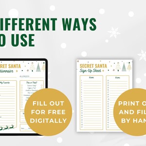 Op de afbeelding: Twee printbare Secret Santa-sjablonen. De eerste is een vragenlijst met secties voor naam, allergie&euml;n, favoriete dingen en een "dit of dat"-sectie. De tweede is een inschrijfformulier met twee kolommen met namen en de nummers 1-27. Beide sjablonen hebben een groen en gouden kerstboomontwerp.