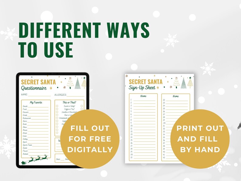 Op de afbeelding: Twee printbare Secret Santa-sjablonen. De eerste is een vragenlijst met secties voor naam, allergie&euml;n, favoriete dingen en een "dit of dat"-sectie. De tweede is een inschrijfformulier met twee kolommen met namen en de nummers 1-27. Beide sjablonen hebben een groen en gouden kerstboomontwerp.