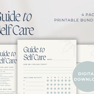 May include: A printable guide to self-care with a checklist for physical and mental self-care activities. The guide includes a weekly tracker for self-care activities. The text on the guide is in blue and the background is white. The guide is part of a 4-pack printable bundle.