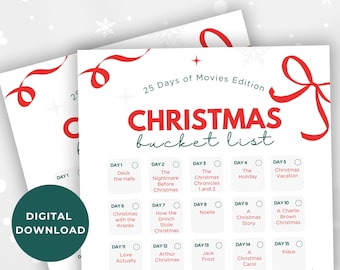 Op de afbeelding: Een printbare kerstbucketlist met 25 dagen vol filmtitels om te kijken. De lijst is versierd met een rood lint en sneeuwvlokken.