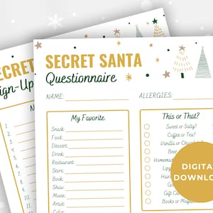Op de afbeelding: Een printbare Secret Santa-vragenlijst met een feestelijk kerstboomontwerp. De vragenlijst vraagt ​​naar persoonlijke voorkeuren, waaronder favoriete snacks, eten, drinken, restaurants, winkels, boeken, films, artiesten en kleuren. Het bevat ook een "Dit of Dat?"-sectie met opties zoals zoet of zout, koffie of thee, en vanille of chocolade.
