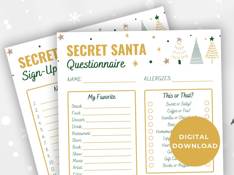 Op de afbeelding: Een printbare Secret Santa-vragenlijst met een feestelijk kerstboomontwerp. De vragenlijst vraagt ​​naar persoonlijke voorkeuren, waaronder favoriete snacks, eten, drinken, restaurants, winkels, boeken, films, artiesten en kleuren. Het bevat ook een "Dit of Dat?"-sectie met opties zoals zoet of zout, koffie of thee, en vanille of chocolade.