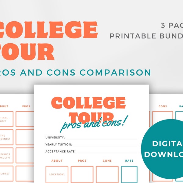 College Pros and Cons Worksheet | College Comparison | College Rating | College Checklist | College Search | College Tour | University
