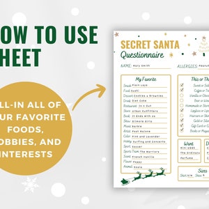 Op de afbeelding: Een printbare Secret Santa-vragenlijst met een gouden en groene kleurstelling. De vragenlijst vraagt naar favoriete etenswaren, hobby's, interesses en voorkeuren. Het bevat ook een sectie voor allergie&euml;n en een "Dit of Dat"-sectie.