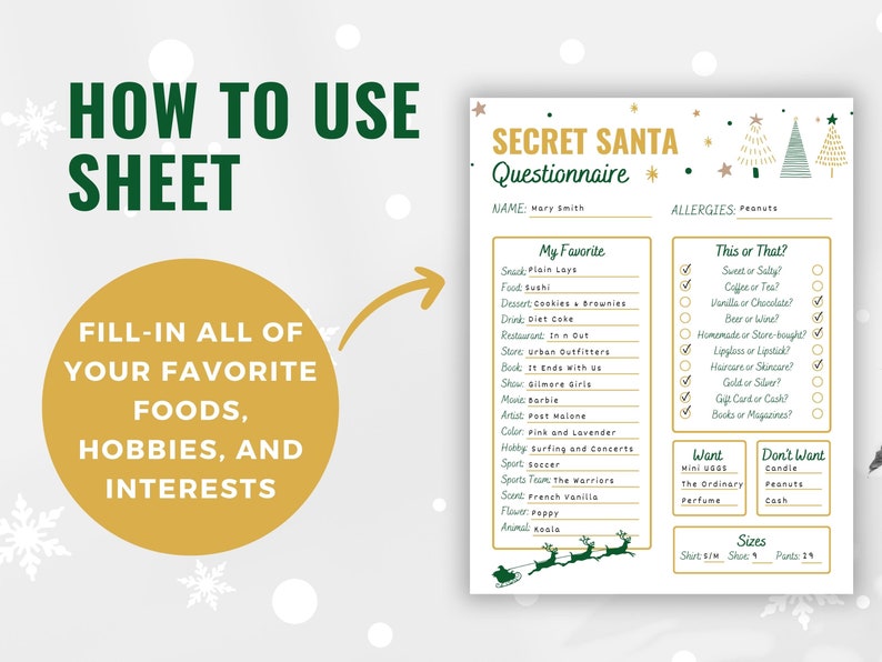 Op de afbeelding: Een printbare Secret Santa-vragenlijst met een gouden en groene kleurstelling. De vragenlijst vraagt naar favoriete etenswaren, hobby's, interesses en voorkeuren. Het bevat ook een sectie voor allergie&euml;n en een "Dit of Dat"-sectie.