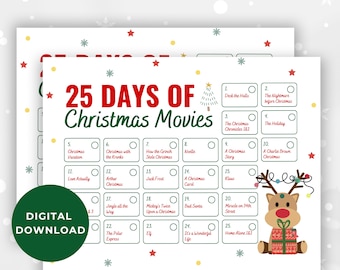 May include: A printable checklist for 25 days of Christmas movies. The checklist is a grid with 25 squares, each with a number and the name of a Christmas movie. The checklist is decorated with a red and green Christmas tree and a reindeer.