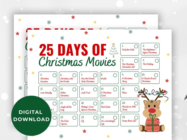 25 Days of Christmas Movies Christmas Movie Calendar Advent Calendar
