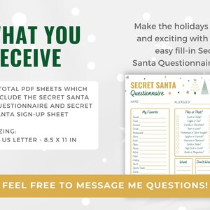 Op de afbeelding: Een printbare Secret Santa vragenlijst met een groen en gouden ontwerp. De vragenlijst bevat secties voor allergie&euml;n, favoriete snacks, eten, drinken, restaurants, winkels, boeken, films, kunstenaars, kleuren, hobby's, sportteams en een "Dit of Dat?"-sectie. De vragenlijst is 8,5 inch bij 11 inch.