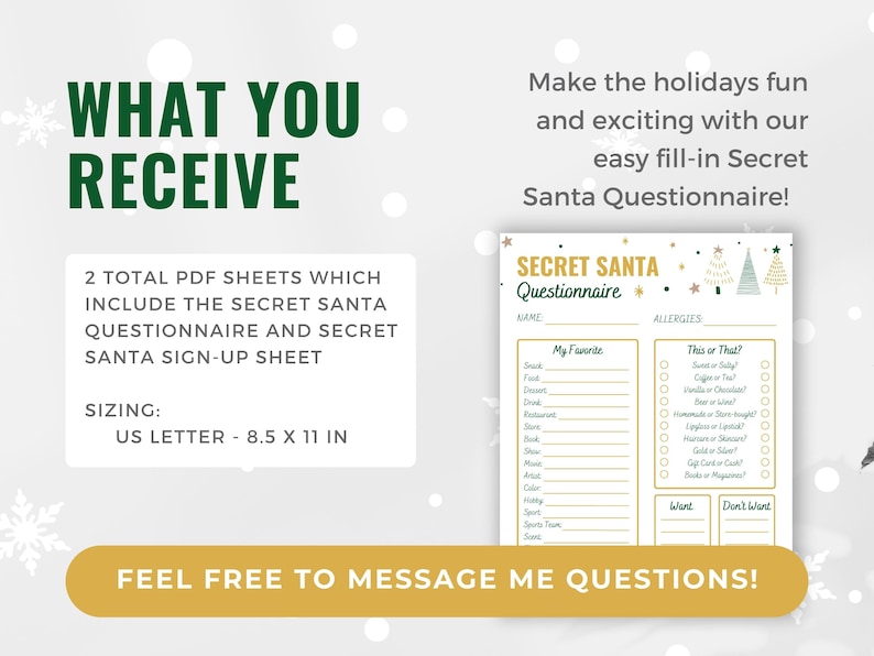 Op de afbeelding: Een printbare Secret Santa vragenlijst met een groen en gouden ontwerp. De vragenlijst bevat secties voor allergie&euml;n, favoriete snacks, eten, drinken, restaurants, winkels, boeken, films, kunstenaars, kleuren, hobby's, sportteams en een "Dit of Dat?"-sectie. De vragenlijst is 8,5 inch bij 11 inch.
