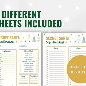 Op de afbeelding: Twee printbare Secret Santa-bladen, &eacute;&eacute;n voor een vragenlijst en &eacute;&eacute;n voor aanmelding. Beide bladen hebben een feestelijk kerstthema met groene en gouden bomen en sterren. Het vragenlijstblad bevat vragen over favoriete snacks, eten, drinken en meer. Het aanmeldblad heeft een lijst met namen voor deelnemers. Beide bladen zijn 8,5 x 11 inch.