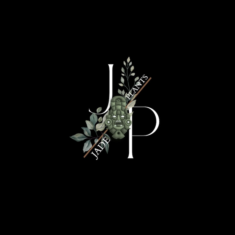 Op de afbeelding: Een logo op een zwarte achtergrond met de witte letters "JP", met een jadekleurig masker ertussen. Het masker is versierd met bladeren en de woorden "JADE PLANTS" staan diagonaal over de afbeelding.
