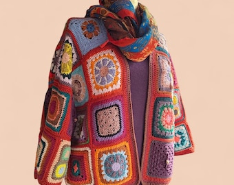Handmade Crochet Granny Square Cardigan – Patchwork Cotton Blend Sweater – Festival Wear Jacket