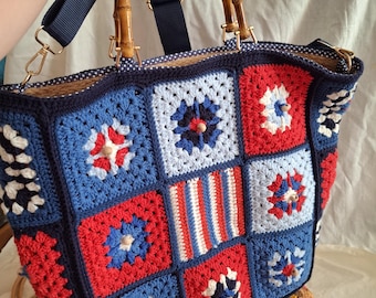 Handmade Crochet Tote Bag: Bamboo Handle, Patchwork Design