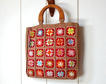 Crochet Granny Square Tote Bag: Handmade Boho Purse with Wooden Handles