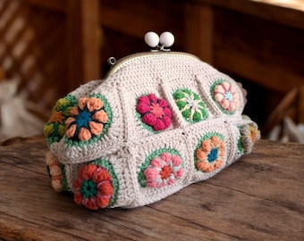 Boho Crochet Oma Quadrat Clutch: Handgemachte Kiss Lock Geldbörse