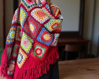 Colorful Bohemian Crochet Shawl, Granny Square Fringe Festival Poncho, Handmade Hippie Vintage Style Gift