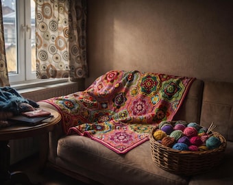 Handmade Crochet Throw Blanket: Persian Tile Cotton Afghan - Boho Decor