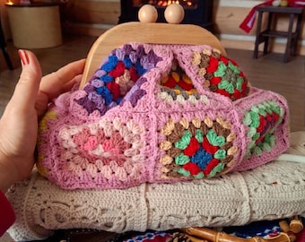 Crochet Granny Square Clutch: Handmade Boho Purse with Wooden Frame