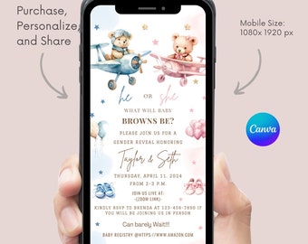 May include: A gender reveal invitation with a blue and pink airplane theme. The invitation features two teddy bears wearing pilot hats, one in a blue airplane and one in a pink airplane. The text reads "He or She? What will baby Browns be?" and includes details for the gender reveal party, including the date, time, and RSVP information.