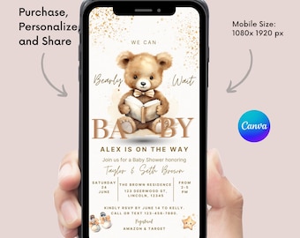 Editable Bear Baby Shower E-Invite, Gender Neutral, Canva Template