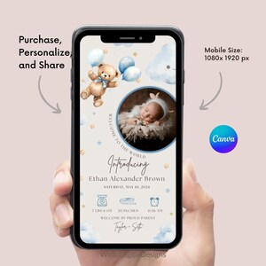 Tarjeta electrónica digital de anuncio de nacimiento de niño con foto, plantilla de anuncio de recién nacido de oso editable + tarjeta de agradecimiento adicional, Canva, descarga instantánea