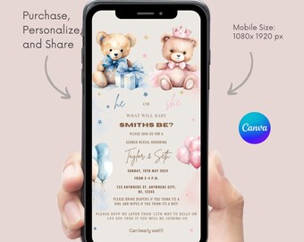 Teddy Bear Gender Reveal Evite, Boho Shower Invite (CANVA Template)