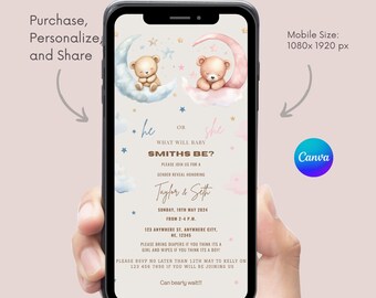 Teddy Bear Gender Reveal Evite, Boho Shower Invite (CANVA Template)