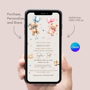 Bear Gender Reveal Evite, Teddy Bear Digital Invitation - He or She, Editable CANVA Template for Phone, Electronic Gender Reveal Invite
