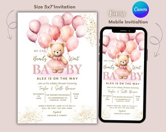May include: A baby shower invitation featuring a teddy bear holding pink balloons. The invitation includes the text "We can Bearly Wait BABY" and details for the event, including the date, time, and location. A mobile invitation is also shown.