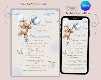 May include: A baby shower invitation with a blue and white color scheme. The invitation features a teddy bear holding blue and white balloons, with the text "We can barely wait Baby Alex Brown is on his way". The invitation also includes the date and time of the shower, the address, and the RSVP information.