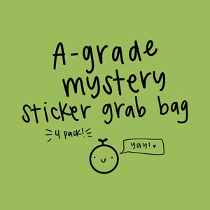 May include: An A-grade mystery sticker grab bag, a 4 pack! A green cartoon character with a happy face and a speech bubble that says "yay!"