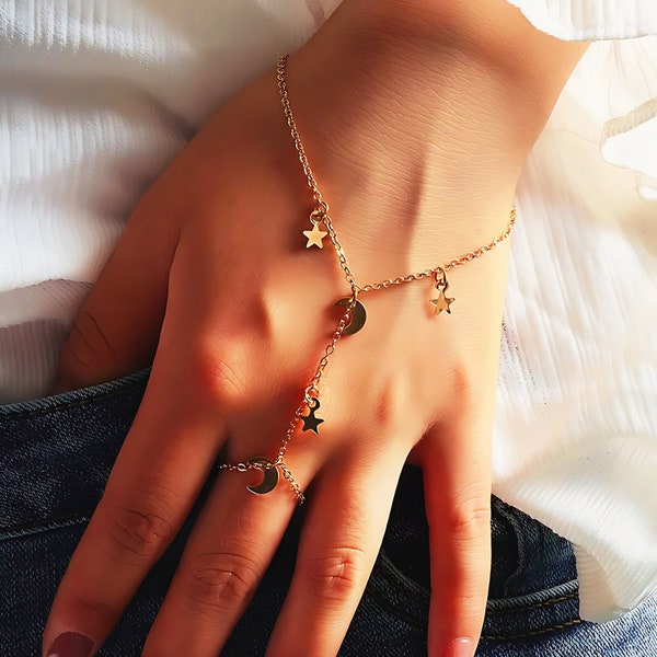 Gold Elegant Crescent Moon & Star Finger Ring Bracelet - Celestial Hand/Wrist Chain Jewelry
