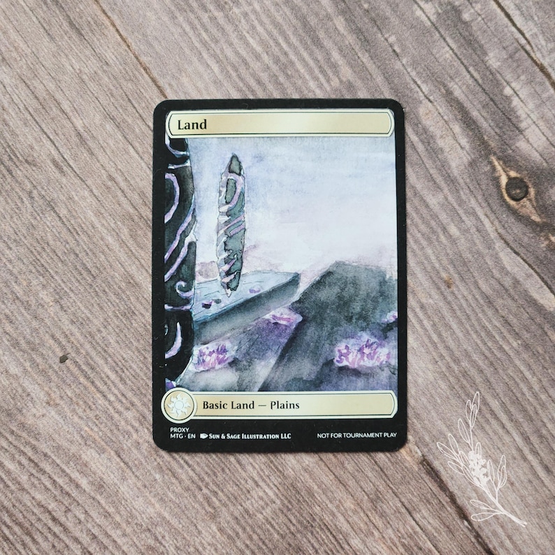 May include: A custom proxy card with the text "Land" at the top. The card features a watercolor landscape with a tall, vertical structure and purple accents. The text "Basic Land - Plains" is at the bottom, along with "NOT FOR TOURNAMENT PLAY".