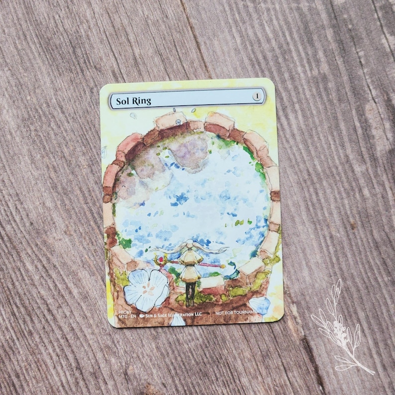 May include: A custom Sol Ring card featuring a watercolor illustration. The card depicts a circular structure with a blue pool of water, a figure, and a white flower. The text "Sol Ring" is at the top.