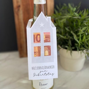 Geld cadeau verjaardag wijnfles minimalistische Hygge Skandi foto wens Fulfiller huis Last Minute verjaardag 18 20 25 30 40 50 60